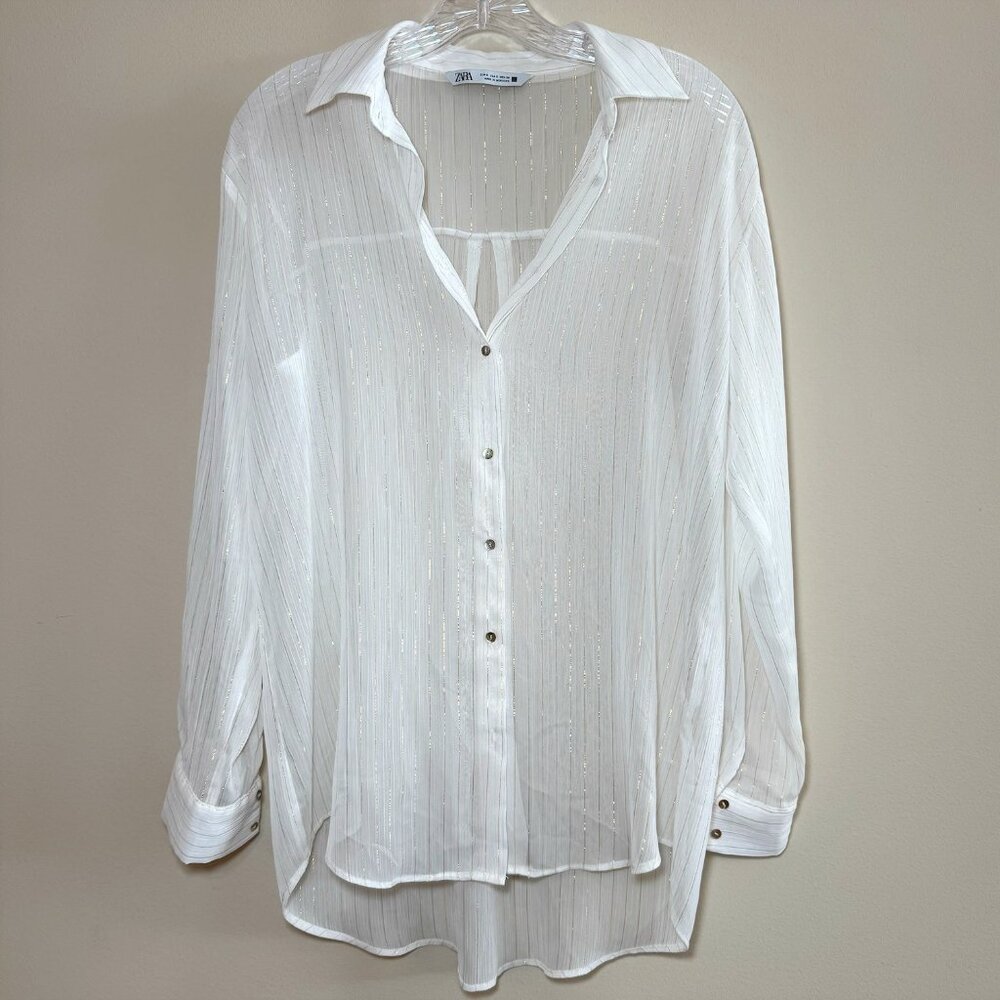 ZARA Sheer White Gold Stripe Button Down Blouse Metallic Long Sleeve Top small